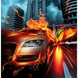 Billig Selbstklebendes Poster Brennendes fahrendes Auto 70 x 100 cm
