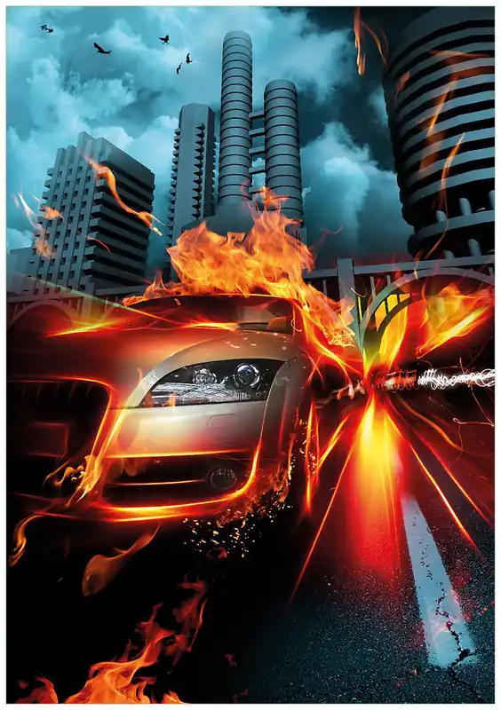 Billig Selbstklebendes Poster Brennendes fahrendes Auto 70 x 100 cm