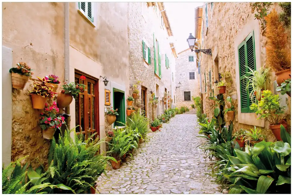 Gratis Versand Selbstklebendes Poster Südländische Gasse mit alten Häusern und grüner Oase 80 x 200 cm