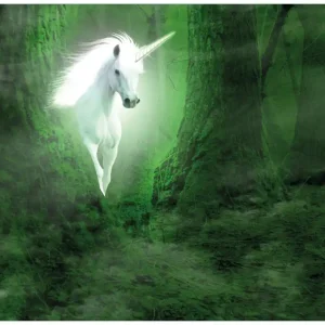 Selbstklebendes Poster Weißes Einhorn im grünen Wald 61 x 91,5 cm Begrenztes Angebot