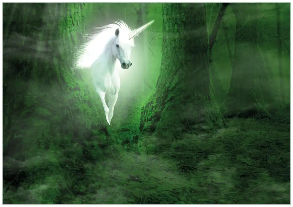 Selbstklebendes Poster Weißes Einhorn im grünen Wald 61 x 91,5 cm Begrenztes Angebot