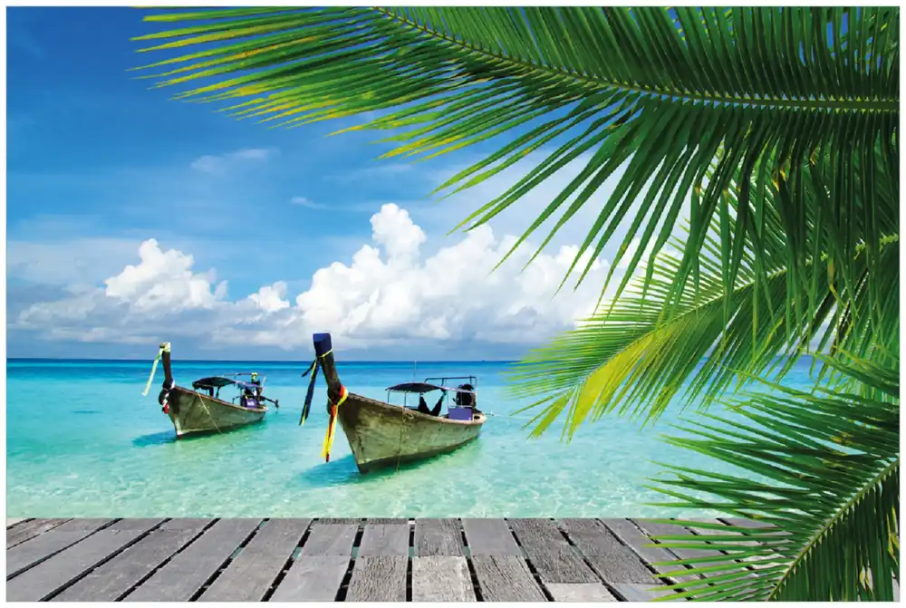 Heißes Angebot Selbstklebendes Poster Sonnenboot in der Karibik 70 x 100 cm