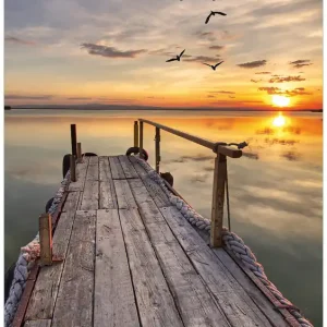 Günstig Selbstklebendes Poster Sonnenuntergang über dem See idyllischer Steg 50 x 125 cm