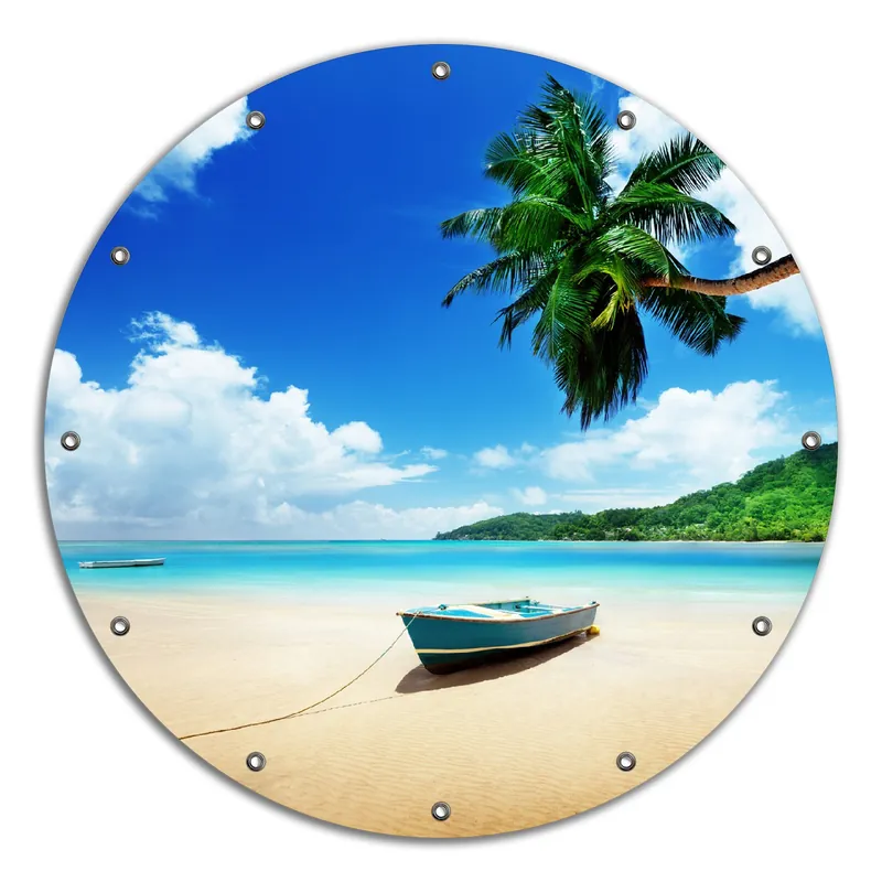 Zertifiziert Gartenposter Urlaub am Palmenstrand unter Palmen mit Fischerboot 80 x 120 cm
