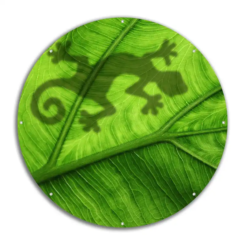 Zertifiziert Gartenposter Gecko Schatten auf grünem Blatt - Umriss Rund. 90 cm Durchmesser