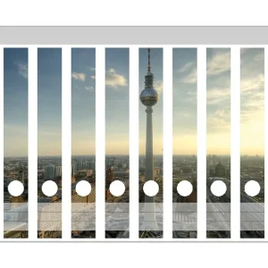 Zertifiziert Ordnerrücken Sticker Fernsehturm Berlin mit Panoramablick über die Stadt für breite Ordner, 6 Sticker