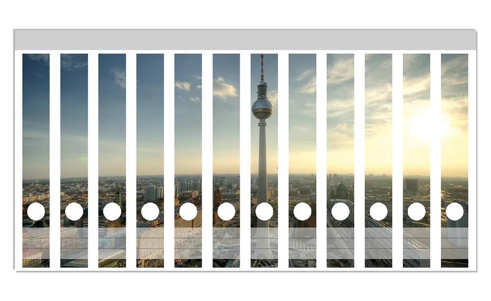 Ordnerrücken Sticker Fernsehturm Berlin mit Panoramablick über die Stadt für breite Ordner, 12 Sticker Neu