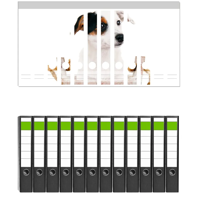Zertifiziert Ordnerrücken Sticker Hunde-Welpe Jack Russel Terrier in einem Holzeimer inkl. schmaler Ordner, 8 Sticker